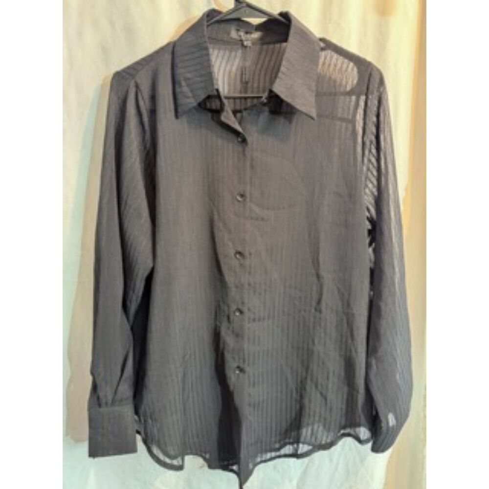 Beulah Style Black Sheer Striped Button Down Blouse - NWT